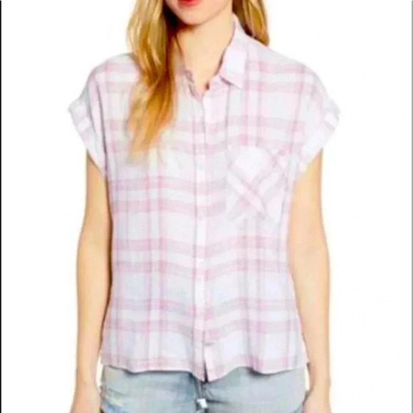 RAILS Linen Blend Shirt Whitney Plaid White Rose Button Up Blouse Top Size Small - Picture 1 of 10